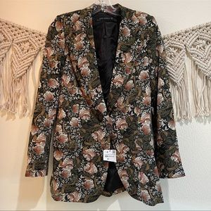 NWT Zara Green Brown Floral Print Mid Length Blazer Size XS